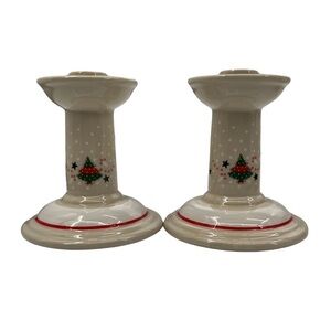 Noritake Epoch Holiday Joy Christmas Tree Candle Stick Holders Set Of 2